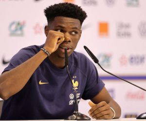 epa10310539 Aurelien Tchouameni of France attends a press conference in Doha, Qatar, 17 November 2022. The FIFA World Cup Qatar 2022 will take place from 20 November to 18 December 2022 in Qatar.  EPA/FRIEDEMANN VOGEL