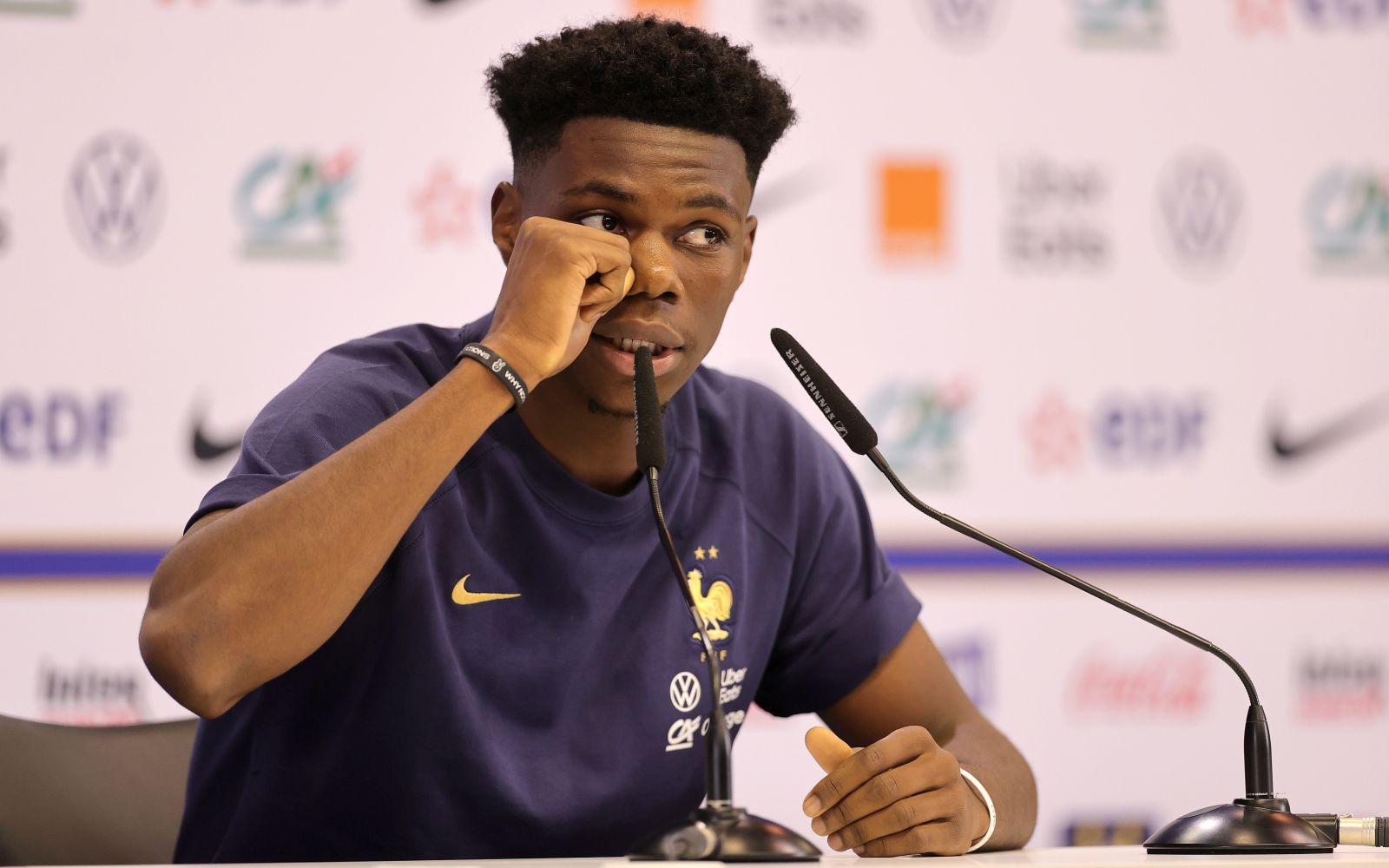 epa10310539 Aurelien Tchouameni of France attends a press conference in Doha, Qatar, 17 November 2022. The FIFA World Cup Qatar 2022 will take place from 20 November to 18 December 2022 in Qatar.  EPA/FRIEDEMANN VOGEL