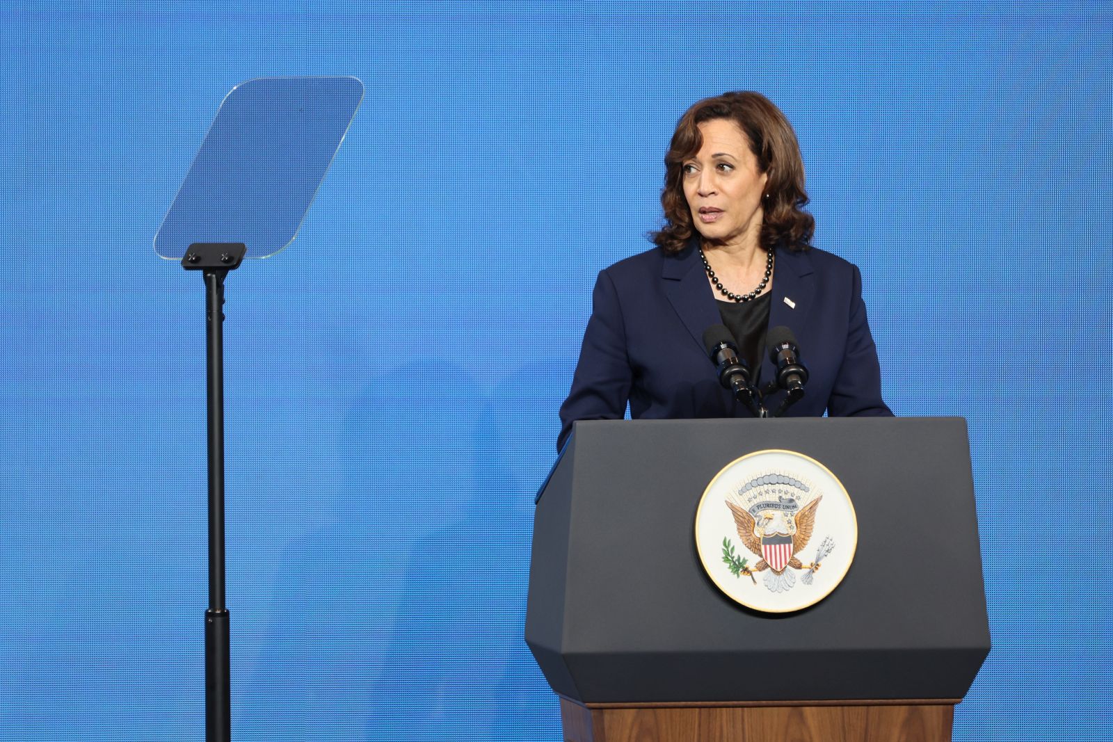 epa10312231 US Vice President Kamala Harris addresses the APEC CEO Summit during the Asia-Pacific Economic Cooperation (APEC) Summit in Bangkok, Thailand, 18 November 2022.  EPA/JACK TAYLOR / POOL