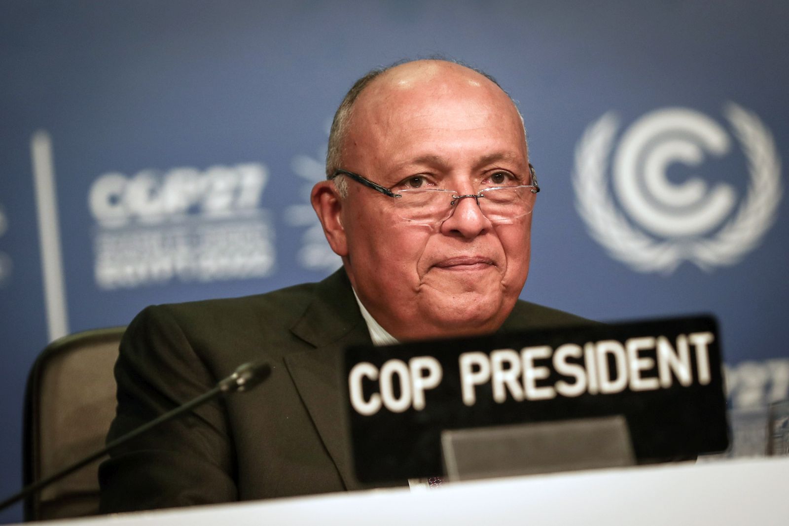 epa10312610 COP27 President and Egypt's Foreign Minister Sameh Shoukry speaks at the 2022 United Nations Climate Change Conference (COP27), in Sharm El-Sheikh, Egypt, 18 November 2022. The 2022 United Nations Climate Change Conference (COP27), runs from 06-18 November, and is expected to host one of the largest number of participants in the annual global climate conference as over 40,000 estimated attendees, including heads of states and governments, civil society, media and other relevant stakeholders will attend. The events will include a Climate Implementation Summit, thematic days, flagship initiatives, and Green Zone activities engaging with climate and other global challenges.  EPA/SEDAT SUNA