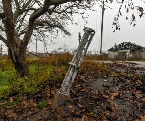 epa10316219 The remains of a missile stuck in the ground in Posad-Pokrovske village, Kherson region, Ukraine, 20 November 2022. Ukrainian troops entered Kherson city on 11 November after Russian troops had withdrawn from the city. Kherson was captured in the early stage of the conflict, shortly after Russian troops had entered Ukraine in February 2022.  EPA/OLEG PETRASYUK