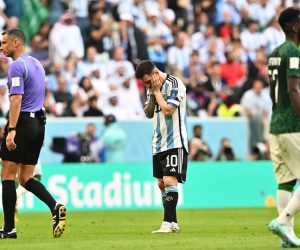 epa10320075 Lionel Messi (C) of Argentina reacts during the FIFA World Cup 2022 group C soccer match between Argentina and Saudi Arabia at Lusail Stadium in Lusail, Qatar, 22 November 2022.  EPA/Noushad Thekkayil