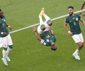 epa10319995 Salem Aldawsari of Saudi Arabia (C) celebrates with teammates scoring the 2-1 during the FIFA World Cup 2022 group C soccer match between Argentina and Saudi Arabia at Lusail Stadium in Lusail, Qatar, 22 November 2022.  EPA/Rungroj Yongrit