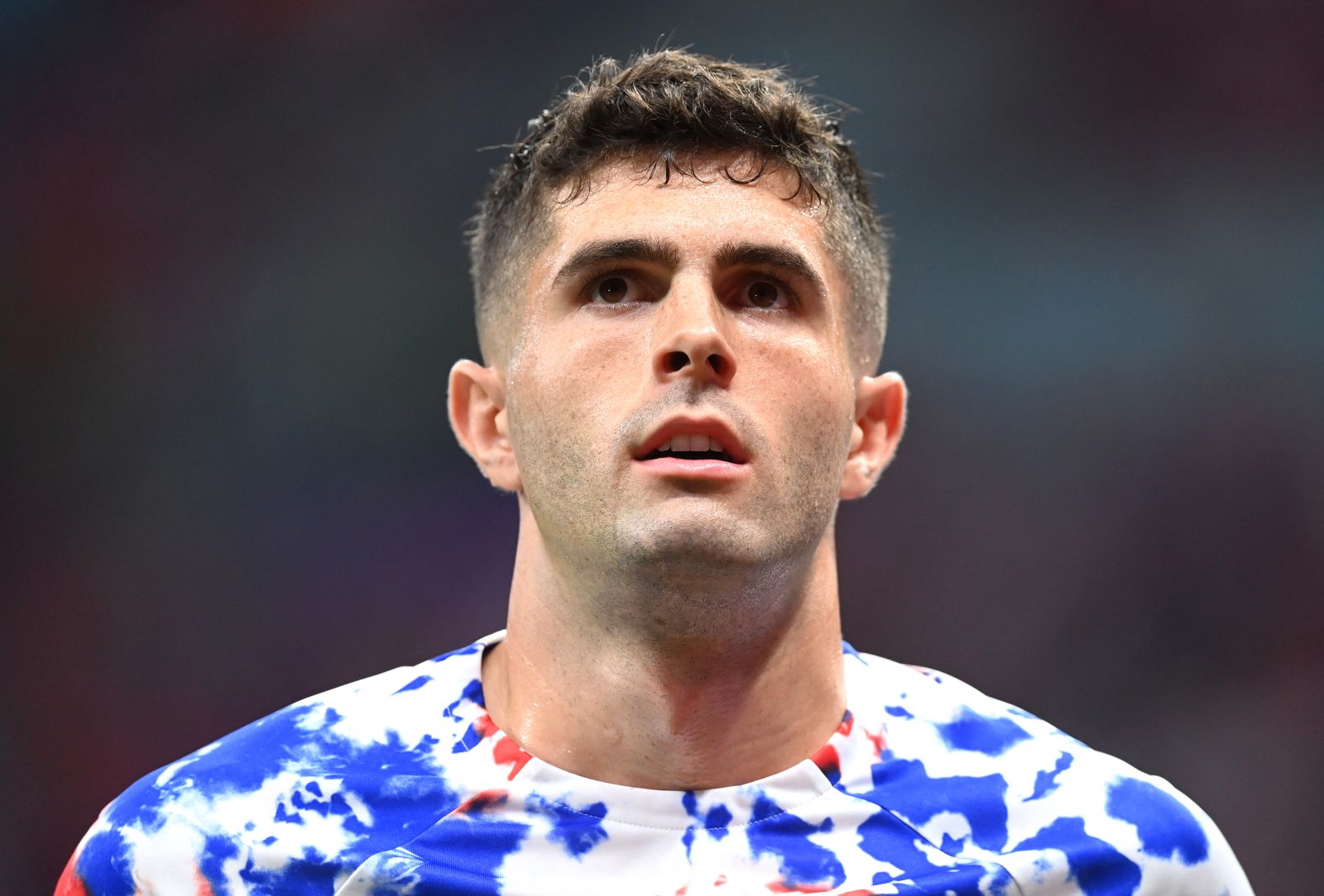 epa10328674 Christian Pulisic of the US before the FIFA World Cup 2022 group B soccer match between England and the USA at Al Bayt Stadium in Al Khor, Qatar, 25 November 2022.  EPA/Neil Hall