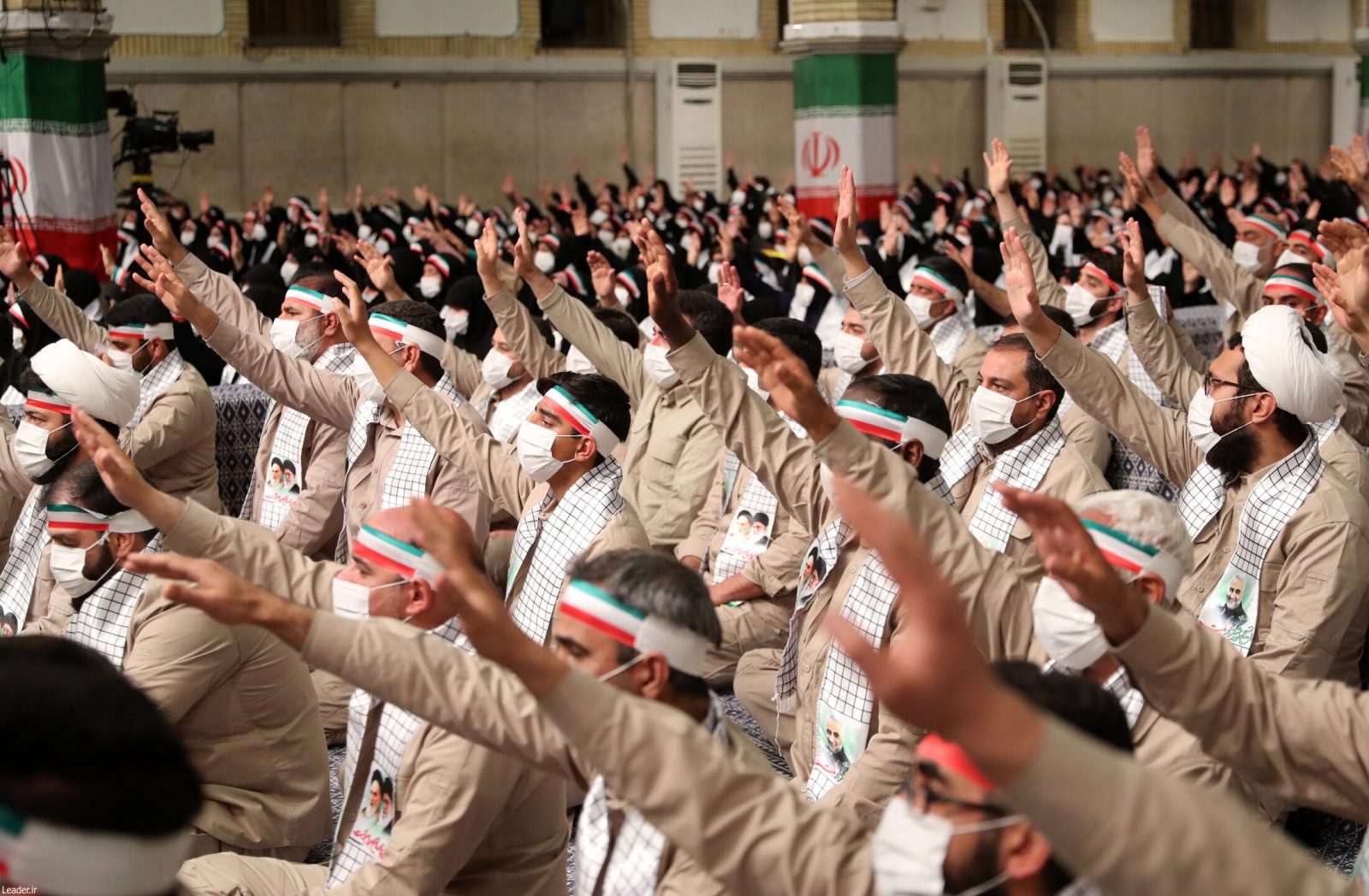 epa10330067 A handout photo made available by the Iranian supreme leader office shows, members of Iranian paramilitary volunteer forces (Basij) during a meeting with Iranian Supreme leader Ayatollah Ali Khamenei in Tehran, Iran, 26 November 2022. Khamenei praised Basij forces for confronting rioters during the anti-government protests in Iran.  EPA/Iranian supreme leader office  HANDOUT EDITORIAL USE ONLY/NO SALES