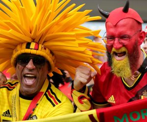 epa10331987 Supporters of Belgium cheer prior to the FIFA World Cup 2022 group F soccer match between Belgium and Morocco at Al Thumama Stadium in Doha, Qatar, 27 November 2022.  EPA/Friedemann Vogel