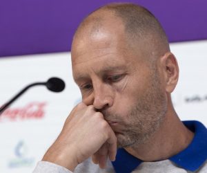 epa10334265 USA national team head coach Gregg Berhalter attends during a press conference at the Qatar National Convention Center (QNCC) in Doha, Qatar, 28 November 2022.  EPA/GEORGI LICOVSKI