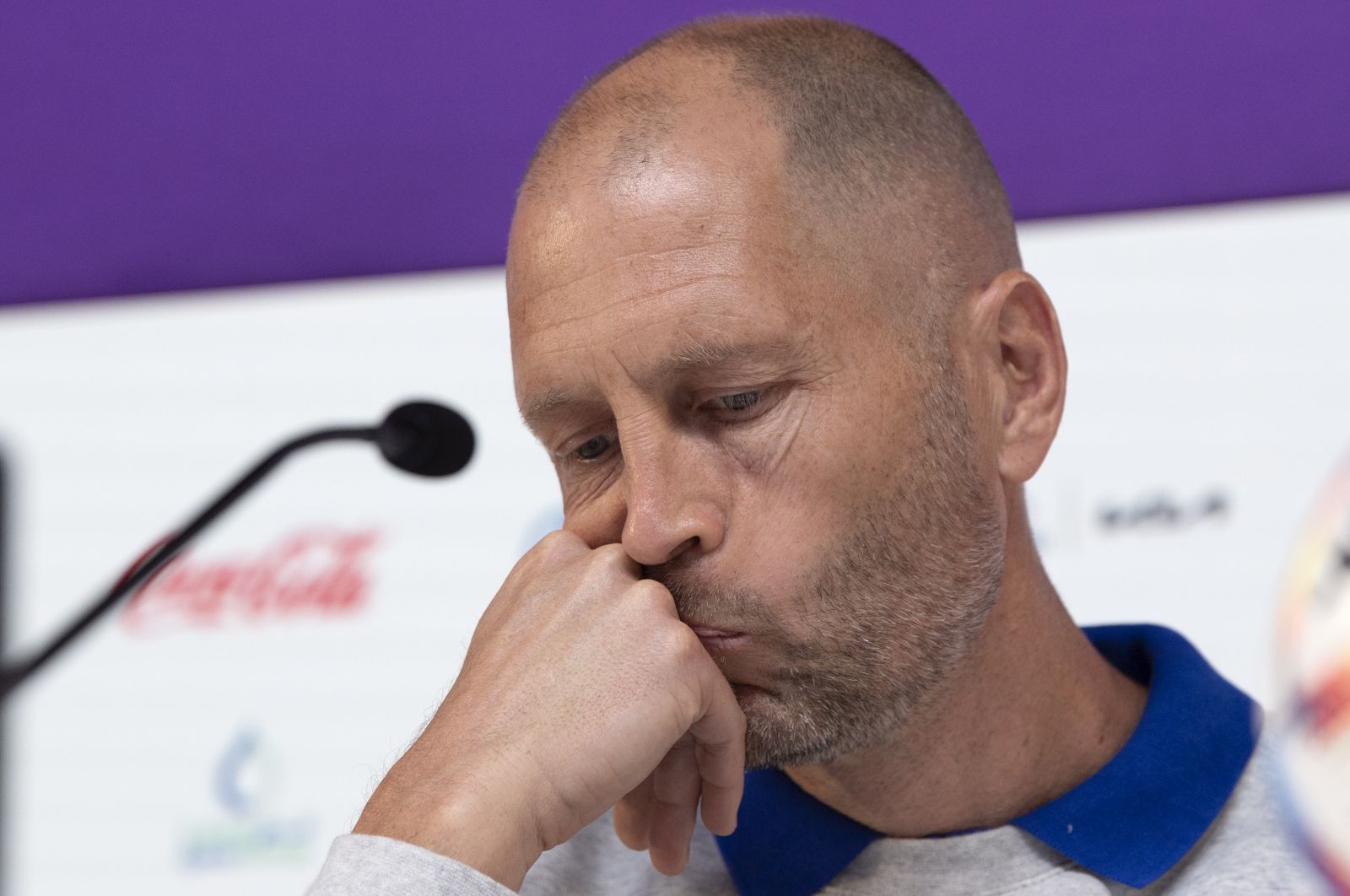 epa10334265 USA national team head coach Gregg Berhalter attends during a press conference at the Qatar National Convention Center (QNCC) in Doha, Qatar, 28 November 2022.  EPA/GEORGI LICOVSKI