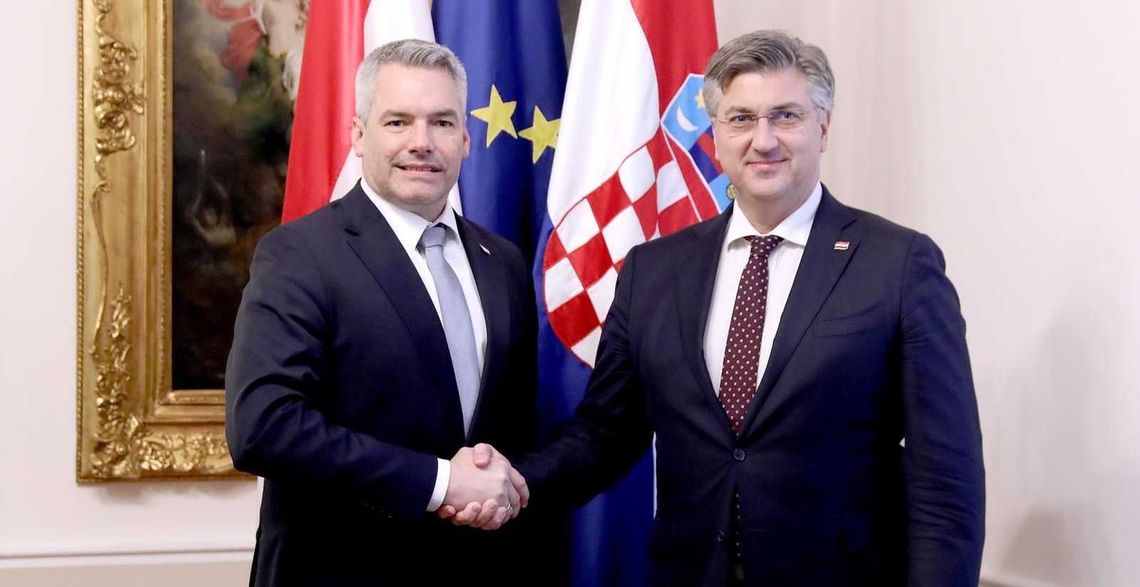 23.11.2022., Zagreb - Predsjednik Vlade Andrej Plenkovic primio je u Banskim dvorima saveznog kancelara Republike Austrije Karla Nehammera. Photo: Patrik Macek/PIXSELL