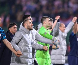 25.09.2022., stadion Ernst Happel, Bec, Austrija - UEFA Liga nacija, Liga A, skupina 1, 6. kolo, Austrija - Hrvatska. Slavlje hrvatskih igraca nakon pobjede nad Austrijom i osvojenim prvim mjestom u skupini. Mario Pasalic, Marko Livaja, Dominik Livakovic.  Photo: Igor Soban/PIXSELL