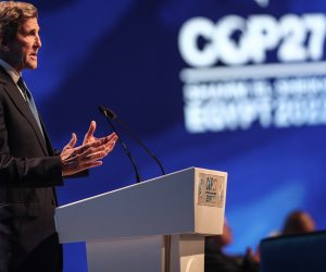 epa10300321 US Special Presidential Envoy for Climate John Kerry speaks during the 'Accelerating Adaptation Action in Africa' meeting at the 2022 United Nations Climate Change Conference (COP27), in Sharm El-Sheikh, Egypt, 11 November 2022. The 2022 United Nations Climate Change Conference (COP27), runs from 06-18 November, and is expected to host one of the largest number of participants in the annual global climate conference as over 40,000 estimated attendees, including heads of states and governments, civil society, media and other relevant stakeholders will attend. The events will include a Climate Implementation Summit, thematic days, flagship initiatives, and Green Zone activities engaging with climate and other global challenges.  EPA/SEDAT SUNA