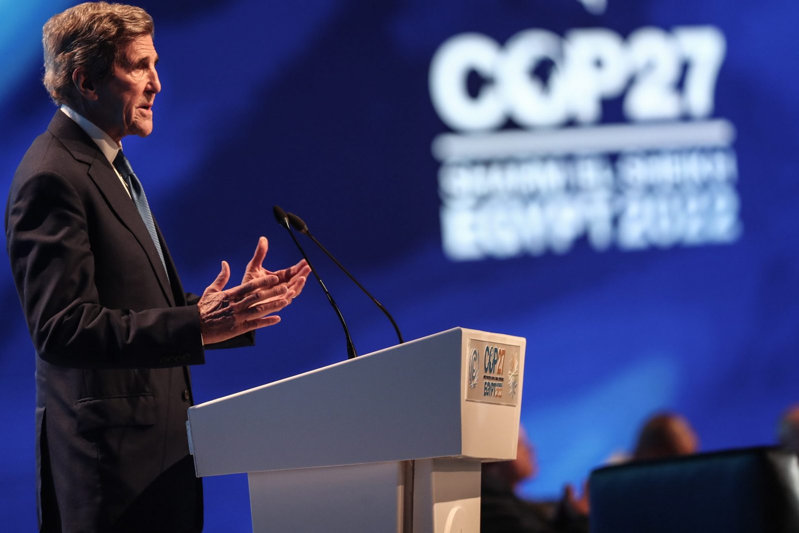 epa10300321 US Special Presidential Envoy for Climate John Kerry speaks during the 'Accelerating Adaptation Action in Africa' meeting at the 2022 United Nations Climate Change Conference (COP27), in Sharm El-Sheikh, Egypt, 11 November 2022. The 2022 United Nations Climate Change Conference (COP27), runs from 06-18 November, and is expected to host one of the largest number of participants in the annual global climate conference as over 40,000 estimated attendees, including heads of states and governments, civil society, media and other relevant stakeholders will attend. The events will include a Climate Implementation Summit, thematic days, flagship initiatives, and Green Zone activities engaging with climate and other global challenges.  EPA/SEDAT SUNA