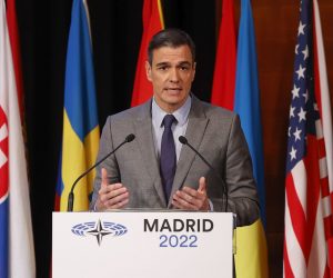 epa10317403 Spanish Prime Minister Pedro Sanchez delivers a speech during the plenary session of the 68th NATO Parliamentary Assembly in Madrid, Spain, 21 November 2022. NATO Parliamentary Assemblys Annual Session runs in Spains capital from 18 to 21 November 2022, with the participation of NATO Secretary General Jens Stoltenberg and, by telematic means, the President of Ukraine, Volodymyr Zelensky.  EPA/CHEMA MOYA
