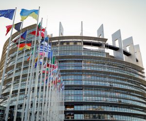 epa10321854 Flags in front of the European Parliament building in Strasbourg, France, 23 November 2022.  EPA/JULIEN WARNAND