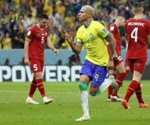 epa10326220 Richarlison of Brazil celebrates after scoring his second goal during the FIFA World Cup 2022 group G soccer match between Brazil and Serbia at Lusail Stadium in Lusail, Qatar, 24 November 2022.  EPA/Ronald Wittek
