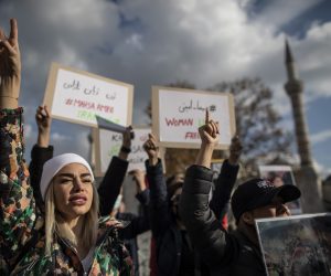 epa10329776 Protesters take part in a freedom rally for Iranian Women in Istanbul, Turkey, 26 November 2022. After the death of Mahsa Amini the Iranian people, especially women and youth, took to the streets to protest against the cruel treatment of the population. The demonstrators in hundreds of cities are facing repression from the government authorities. For several weeks, the protesters have been demanding that the government to respect the most basic human rights.  EPA/ERDEM SAHIN