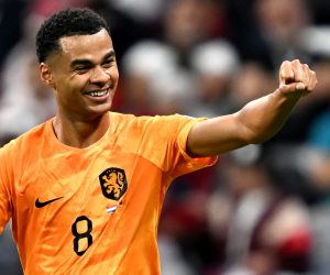 epa10336560 Cody Gakpo of the Netherlands celebrates after scoring the 1-0 goal during the FIFA World Cup 2022 group A soccer match between the Netherlands and Qatar at Al Bayt Stadium in Al Khor, Qatar, 29 November 2022.  EPA/Noushad Thekkayil