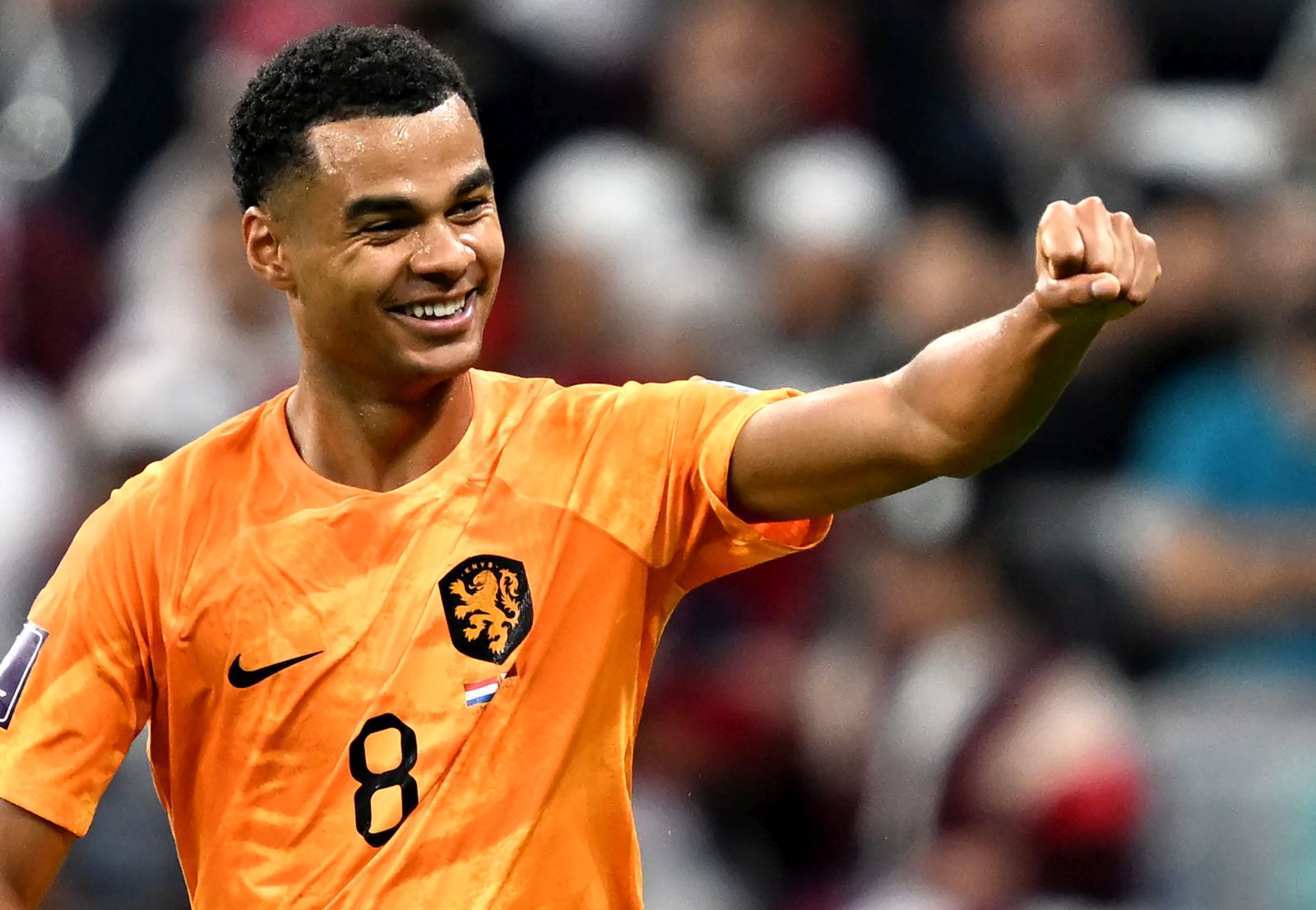 epa10336560 Cody Gakpo of the Netherlands celebrates after scoring the 1-0 goal during the FIFA World Cup 2022 group A soccer match between the Netherlands and Qatar at Al Bayt Stadium in Al Khor, Qatar, 29 November 2022.  EPA/Noushad Thekkayil