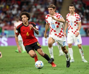 Qatar, 01.12.2022. - Utakmica 3. kola F skupine SP-a Katar 2022 Hrvatska - Belgija na stadionu Ahmad bin Ali. Na slici Axel Witsel, Borna Sosa. foto HINA/ Damir SENČAR/ dk