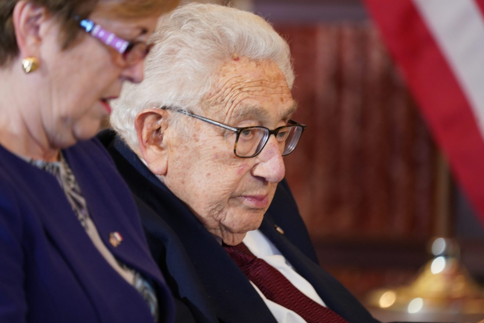 epa10342737 Former United States Secretary of State Henry A. Kissinger  attends a luncheon hosted by US Secretary of State Antony Blinken honoring French President Emmanuel Macron and french First Lady Brigitte Macron at the Department of State in Washington, DC, USA, 01 December 2022.  EPA/LEIGH VOGEL / POOL