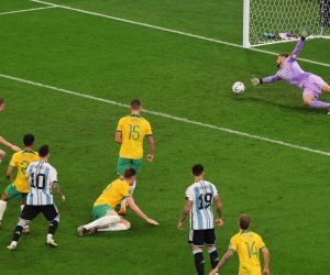 epa10346752 Lionel Messi of Argentina scores the 1-0 goal during the FIFA World Cup 2022 round of 16 soccer match between Argentina and Australia at Ahmad bin Ali Stadium in Doha, Qatar, 03 December 2022.  EPA/Abir Sultan
