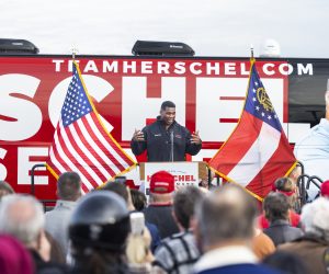 epa10348950 US Republican Senate candidate Herschel Walker speaks during his campaign stop in Loganville, Georgia, USA, 04 December 2022. Walker is in a Senate runoff with Democratic candidate and current US Senator Raphael Warnock.  EPA/JIM LO SCALZO