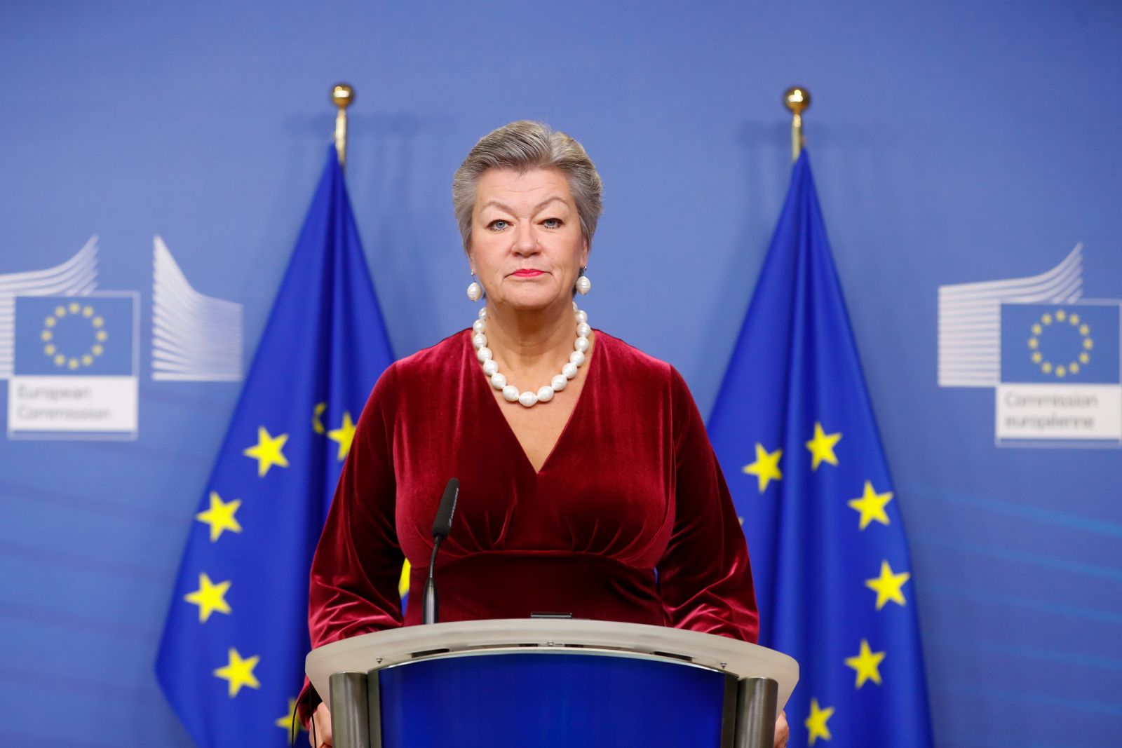 epa10349161 European Commissioner for Home Affairs, Ylva Johansson gives a joint press conference with European Commission vice-president in charge of 'protecting the European way of life' Margaritis Schinas (not pictured, on video) on the EU Action Plan for the Western Balkans and an update on the New Pact on Migration and Asylum at the European Commission in Brussels, Belgium, 05 December 2022.  EPA/STEPHANIE LECOCQ