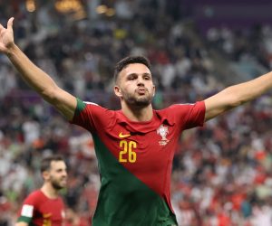 epa10352833 Goncalo Ramos of Portugal celebrates scoring the 5-1 during the FIFA World Cup 2022 round of 16 soccer match between Portugal and Switzerland at Lusail Stadium in Lusail, Qatar, 06 December 2022.  EPA/Abedin Taherkenareh