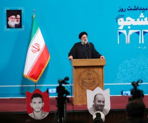 epa10353421 A handout photo made available by the Iranian presidential office shows, Iranian president Ebrahim Raisi speaking to students as he arrives during a ceremony on the occasion of 'Student Day' at the Tehran University, in Tehran, Iran, 07 December 2022. Student Day commemorates the anniversary of the murder of three students of the University of Tehran on 07 December 1953 by Iranian police. Raisi said that the universities are the key for the country as the enemies targeted the universities during the protests. Iran has been facing anti-government protests for more than two month and the universities were one of the main spots.  EPA/HANDOUT  HANDOUT EDITORIAL USE ONLY/NO SALES