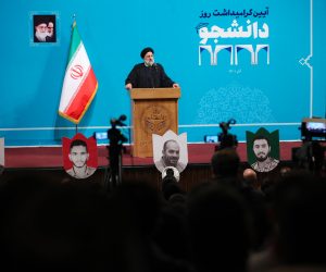 epa10353421 A handout photo made available by the Iranian presidential office shows, Iranian president Ebrahim Raisi speaking to students as he arrives during a ceremony on the occasion of 'Student Day' at the Tehran University, in Tehran, Iran, 07 December 2022. Student Day commemorates the anniversary of the murder of three students of the University of Tehran on 07 December 1953 by Iranian police. Raisi said that the universities are the key for the country as the enemies targeted the universities during the protests. Iran has been facing anti-government protests for more than two month and the universities were one of the main spots.  EPA/HANDOUT  HANDOUT EDITORIAL USE ONLY/NO SALES
