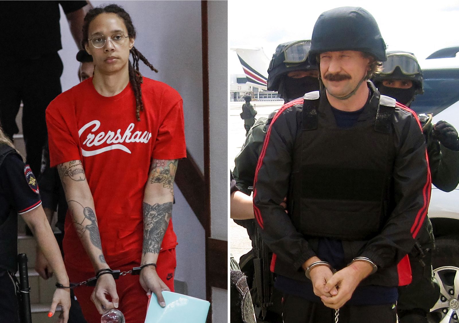 epa10355150 A composite image shows US basketball player Brittney Griner (L) escorted to a courtroom for a hearing, in Khimki City Court, Russia, 07 July 2022; and Russian arms dealer Viktor Bout (R) in handcuffs escorted by Thai special forces to board the airplane for extradition to the USA at Don Mueang airport in Bangkok, Thailand, 16 November 2010; issued 08 December 2022. US and Russian government officials on 08 December 2022 confirmed that Brittney Griner and Viktor Bout were exchanged in a prisoner swap.  EPA/YURI KOCHETKOV/STRINGER