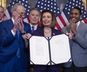 epa10355413 US Speaker of the House Nancy Pelosi (C) holds up the bill beside Democratic Representative of New York Sean Maloney (L), Senate Majority Leader Chuck Schumer (2-L), Democratic Representative of California Mark Takano (3-L) and Democratic Representative from New York Ritchie Torres (R); during a bill enrollment ceremony for H.R. 8404, the 'Respect For Marriage Act', on Capitol Hill in Washington, DC, USA, 08 December 2022. The House passed the Respect for Marriage Act, which after being signed into law by US President Joe Biden, will protect same-sex and interracial marriages.  EPA/MICHAEL REYNOLDS
