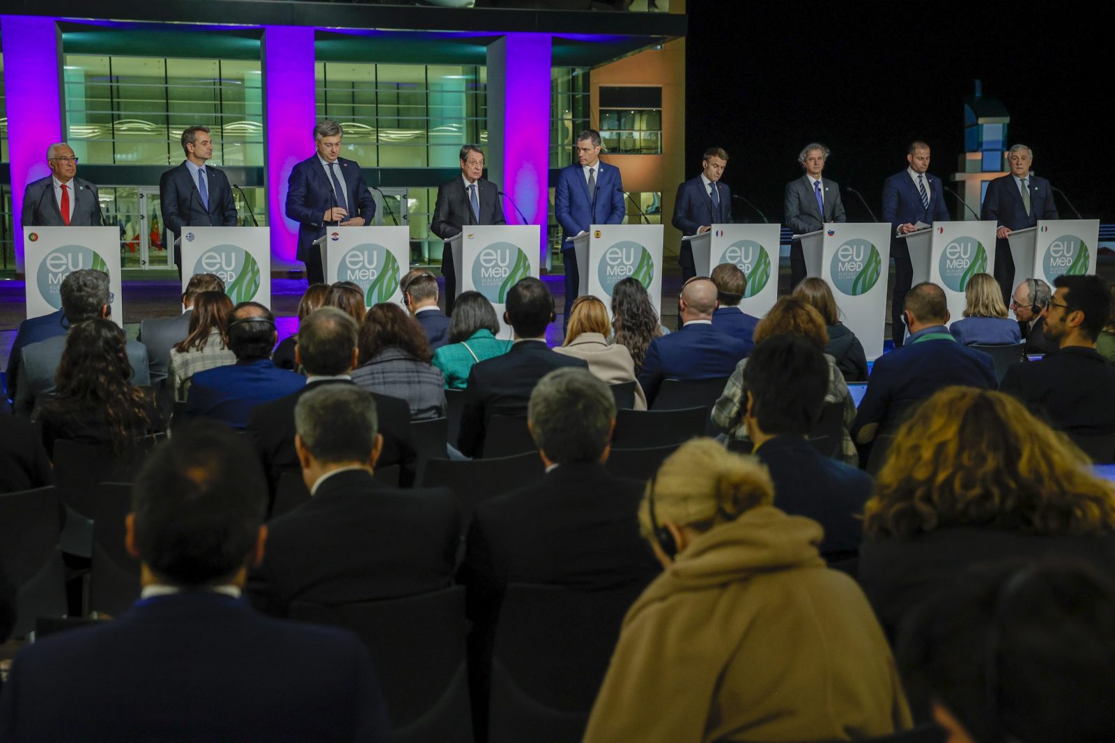 epa10357644 (L-R) Portuguese Prime Minister Antonio Costa, Greek Prime Minister Kyriakos Mitsotakis, Croatia's Prime Minister Andrej Plenkovic, Cyprus' President Nicos Anastasiades, Spanish Prime Minister Pedro Sanchez, French President Emmanuel Macron, Slovenia's President Robert Golob, Malta's Prime Minister Robert Abela and Italian Foreign Minister Antonio Tajani take part in a press conference following the 9th Summit of the Leaders of the Southern Countries of the European Union, Alicante, Spain, 09 December 2022. The EU-Med9 meeting brings together the leaders or representatives of Spain, Portugal, France, Italy, Greece, Malta, Cyprus, Slovenia and Croatia.  EPA/BIEL ALINO
