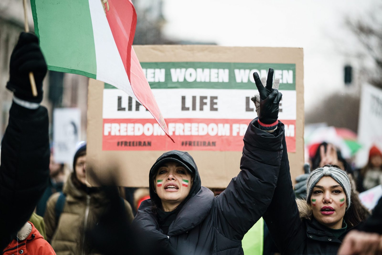 epa10359136 People take part in a rally in Berlin, Germany, 10 December 2022. The women and girls rights non-profit-organization Terre des Femmes and other groups called for a rally in solidarity with protesters in Iran, on the occasion of the international Human Rights Day. Further rallies were expected to take place in Hamburg, Cologne, Frankfurt, Stuttgart und Munich.  EPA/CLEMENS BILAN