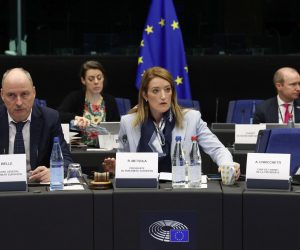 epa10362925 European Parliament President Roberta Metsola (C) looks on at the start of the conference of the Presidents at the European Parliament in Strasbourg, France, 13 December 2022. The Belgian federal prosecutor said in a statement that four of six people within the European Parliament were detained on 09 December and have been charged with 'participation in a criminal organization, money laundering and corruption' and remanded in custody. Greek MEP and European Parliament Vice President Eva Kaili has reportedly been among those arrested in an investigation into suspected bribery by a Gulf state.  EPA/JULIEN WARNAND