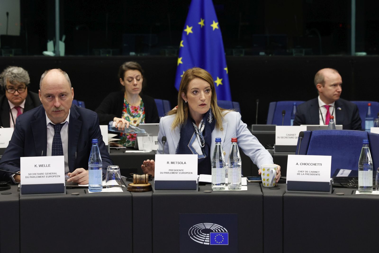epa10362925 European Parliament President Roberta Metsola (C) looks on at the start of the conference of the Presidents at the European Parliament in Strasbourg, France, 13 December 2022. The Belgian federal prosecutor said in a statement that four of six people within the European Parliament were detained on 09 December and have been charged with 'participation in a criminal organization, money laundering and corruption' and remanded in custody. Greek MEP and European Parliament Vice President Eva Kaili has reportedly been among those arrested in an investigation into suspected bribery by a Gulf state.  EPA/JULIEN WARNAND