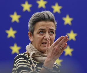 epa10363449 Executive Vice President and European Commissioner for Competition Margrethe Vestager speaks during a session on 'Protection of critical infrastructure from China's interference', at the European Parliament in Strasbourg, France, 13 December 2022.  EPA/JULIEN WARNAND