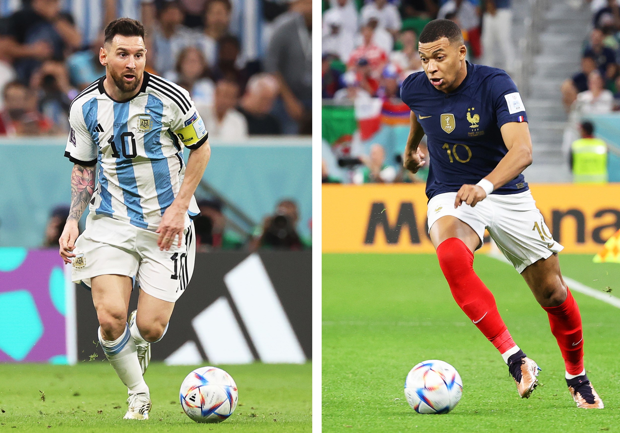 epa10367233 (FILE) - A composite file picture of Lionel Messi of Argentina (L, taken on 09 December 2022 in Lusail, Qatar) and Kylian Mbappe of France (R, taken on 04 December 2022 in Doha, Qatar) - (issued on 15 December 2022). Argentina will face France in the FIFA World Cup 2022 Final on 18 December 2022 at Lusail Stadium in Lusail, Qatar.  EPA/Mohamed Messara / Ali Haider