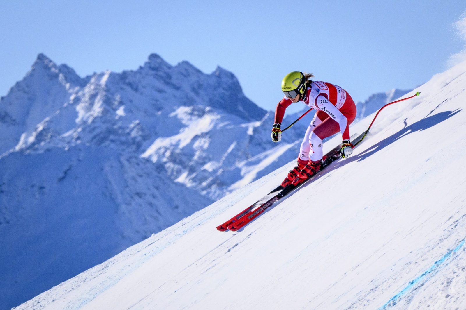 epa10369558 Mirjam Puchner of Austria in action during the women's Downhill race at the FIS Alpine Skiing World Cup in St. Moritz, Switzerland, 17 December 2022.  EPA/JEAN-CHRISTOPHE BOTT