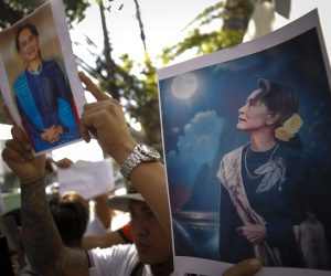 epa10373651 Myanmar migrant workers living in Thailand hold pictures of Myanmar democracy icon Aung San Suu Kyi at a rally outside the Myanmar embassy in Bangkok, Thailand, 19 December 2022. Myanmar migrant workers rallied outside the Myanmar embassy to mark the International Migrants Day which was observed the previous day on 18 December, to protest against Myanmar's State Administration Council and in support of Aung San Suu Kyi, the 1991 Nobel Peace Prize laureate and former State Counsellor of Myanmar and Minister of Foreign Affairs.  EPA/DIEGO AZUBEL