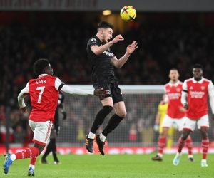 epa10378809 West Ham's Declan Rice () in action during the English Premier League moccer match between Arsenal Football Club and West Ham United in London, Britain, 26 December 2022.  EPA/Neil Hall EDITORIAL USE ONLY. No use with unauthorized audio, video, data, fixture lists, club/league logos or 'live' services. Online in-match use limited to 120 images, no video emulation. No use in betting, games or single club/league/player publications