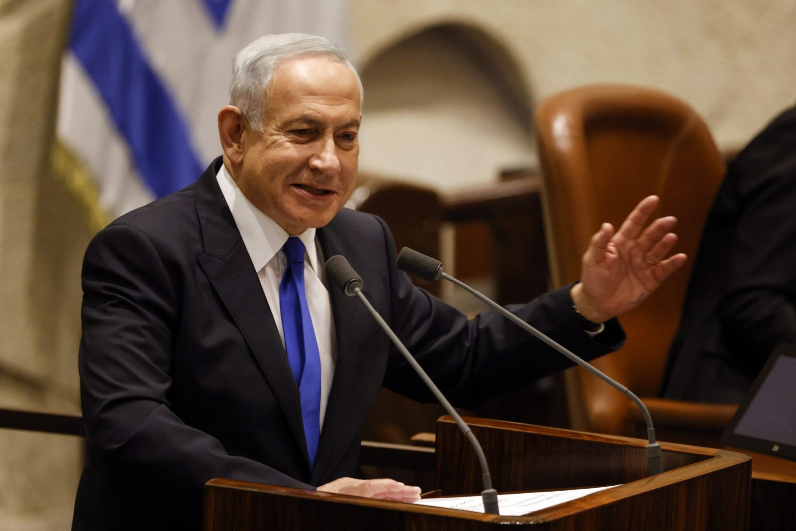 epa10381217 Israeli Prime Minister-designate Benjamin Netanyahu speaks during a special session of the Knesset, Israel's parliament, to approve and swear in a new right-wing government, in Jerusalem, Israel, 29 December 2022.  EPA/AMIR COHEN / POOL