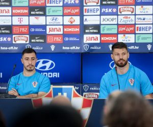 11.12..2022., Doha, Katar - Konferencija za medije hrvatske nogometne reprezentacije u trening kampu Al Ersal 3 u Dohi na Svjetskom prvenstvu u Kataru. Josip Juranovic i Bruno Petkovic. Photo: Igor Kralj/PIXSELL