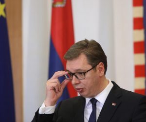 12.02.2018., Zagreb - Izjave za medije predsjednice Republike Hrvatske Kolinde Grabar-Kitarovic i predsjednika Republike Srbije Aleksandra Vucica nakon susreta u Uredu predsjednice. Izaslanstvo Republike Srbije predvodjeno predsjednikom u dvodnevnom je posjetu Hrvatskoj. rPhoto: Boris Scitar/Vecernji list/PIXSELL