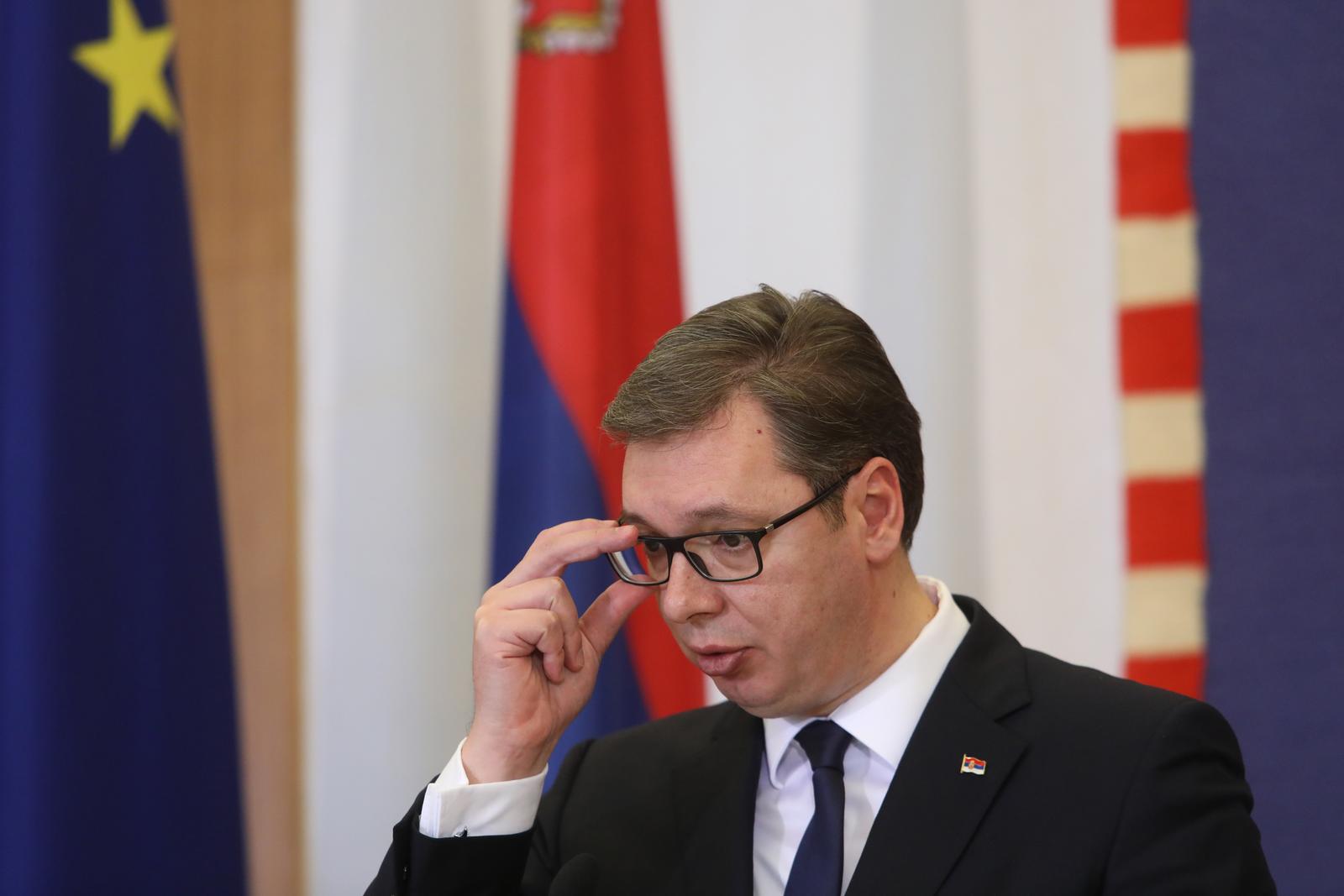 12.02.2018., Zagreb - Izjave za medije predsjednice Republike Hrvatske Kolinde Grabar-Kitarovic i predsjednika Republike Srbije Aleksandra Vucica nakon susreta u Uredu predsjednice. Izaslanstvo Republike Srbije predvodjeno predsjednikom u dvodnevnom je posjetu Hrvatskoj. rPhoto: Boris Scitar/Vecernji list/PIXSELL