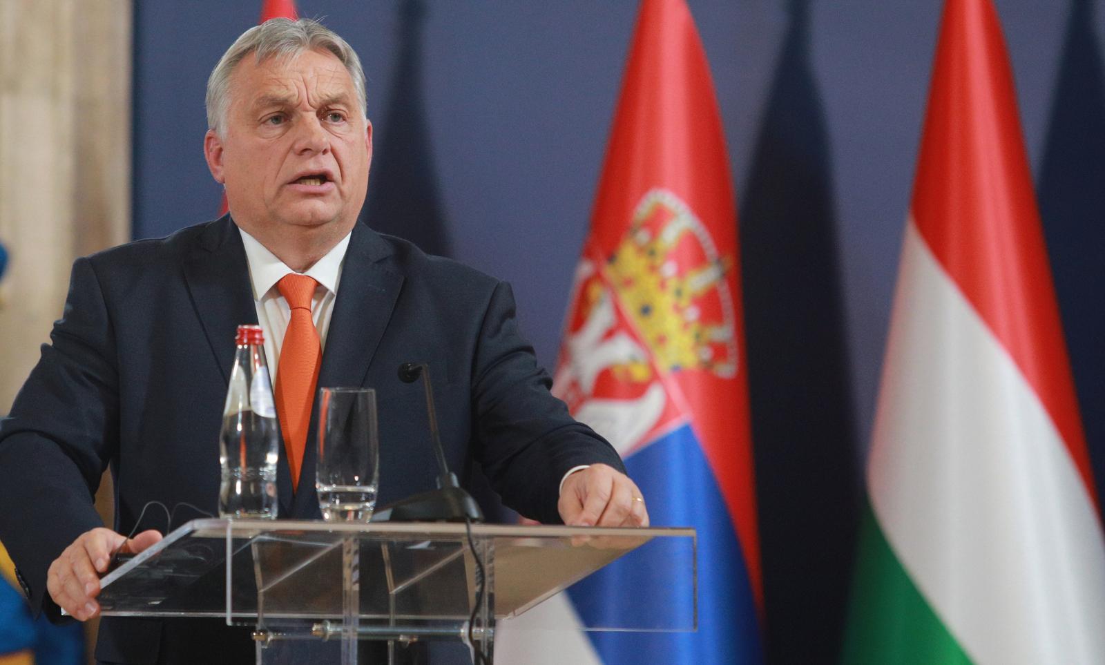 16, November, 2022, Belgrade - The President of the Republic of Serbia, Aleksandar Vucic, is the host of the second trilateral summit of Hungary, Serbia and Austria.  Viktor Orban. Photo: Milos Tesic/ATAImages

16, novembar, 2022, Beograd  - Predsednik Republike Srbije Aleksandar Vucic domacin je drugog trilateralnog Samita Madjarske, Srbije i Austrije. Photo: Milos Tesic/ATAImages Photo: Milos Tesic/ATAImages/PIXSELL