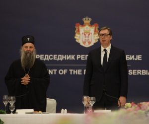 18, May, 2022, Belgrade - The President of the Republic of Serbia, Aleksandar Vucic, hosted His Holiness the Serbian Patriarch Mr. Porfirije and the bishops of the Serbian Orthodox Church, who gathered at this year's regular Council of Bishops of the Serbian Orthodox Church, in the building of the General Secretariat of the President of the Republic. Serbian Patriarch Porfirije, Aleksandar Vucic. Photo: Milos Tesic/ATAImages

18, maj, 2022, Beograd - Predsednik Republike Srbije Aleksandar Vucic ugostio je Njegovu svetost patrijarha srpskog g. Porfirija i gospodu episkope Srpske pravoslavne crkve, koji su se okupili na redovnom ovogodisnjem arhijerejskom Saboru SPC, u zgradi Generalnog sekretarijata predsednika Republike. Photo: Milos Tesic/ATAImages Photo: Milos Tesic/ATA Images/PIXSELL