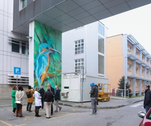 25.11.2022., Zagreb - Na zidu glavne zgrade KBC Zagreba na Rebru svecano je otkriven mural koji je nastao u suradnji Udruge Domino s kolektivom Graffiti na Gradele. Na grafitu je umjetnik Goran Rakic Chez izveo sliku ptice Vodomara, jedinog predstavnika te porodice u Europi, pa tako i u Hrvatskoj, koji je ugrozena vrsta. Photo: Tomislav Miletic/PIXSELL