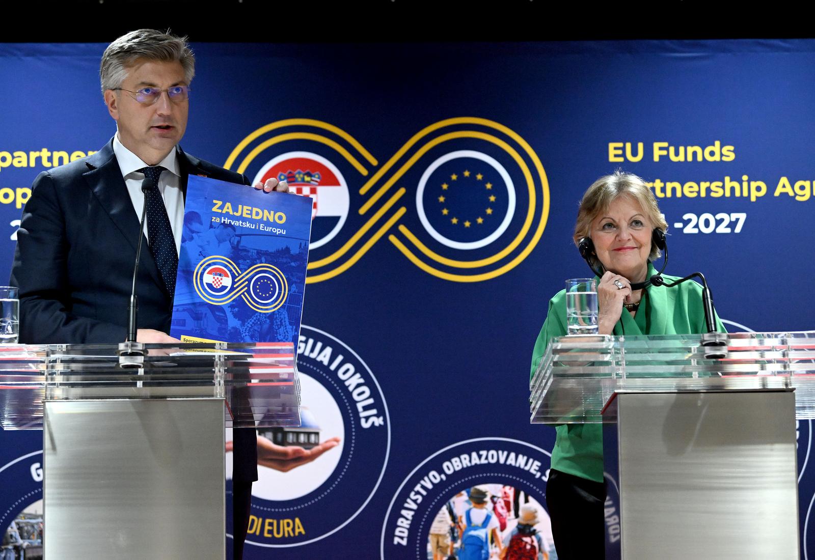 29.09.2022., Zagreb, NSK -  Predsjednik Vlade Andrej Plenkovic primio je povjerenicu Europske komisije za koheziju i reforme Elisu Ferreiru. Potpisan je sporazum o partnerstvu za fondove Europske unije vrijedan devet milijardi eura. Photo: Marko Lukunic/PIXSELL