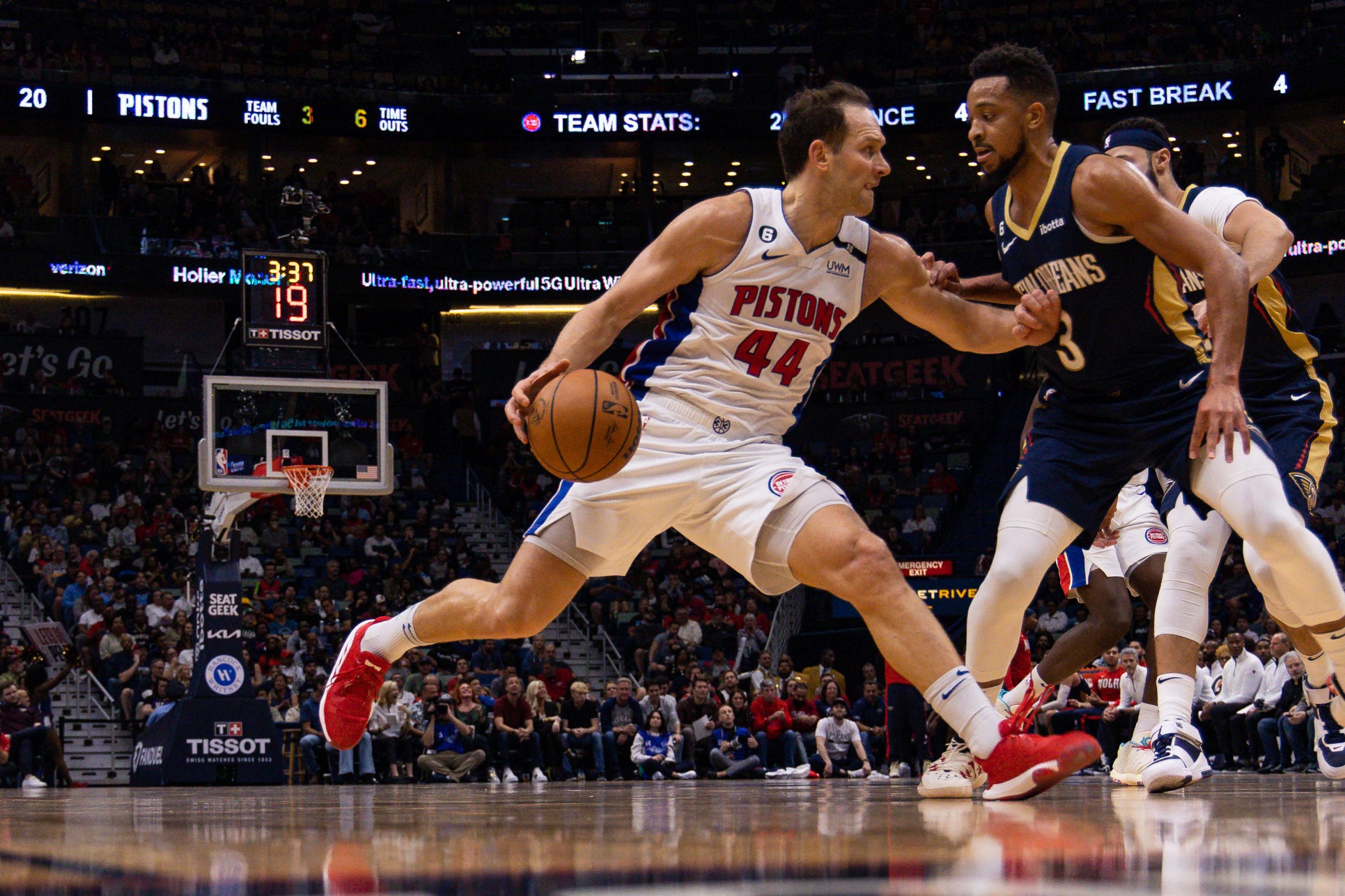 Dec 7, 2022; New Orleans, Louisiana, USA;  Detroit Pistons forward Bojan Bogdanovic (44) dribbles against New Orleans Pelicans guard CJ McCollum (3) during the first half at Smoothie King Center. Mandatory Credit: Stephen Lew-USA TODAY Sports Photo: Stephen Lew/REUTERS